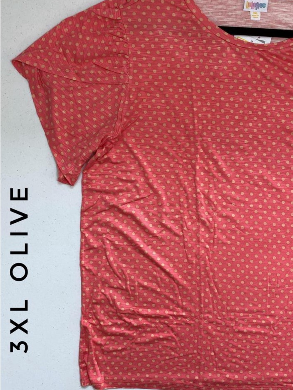 LuLaRoe Olive Coral Tee with Cream Polka Dots